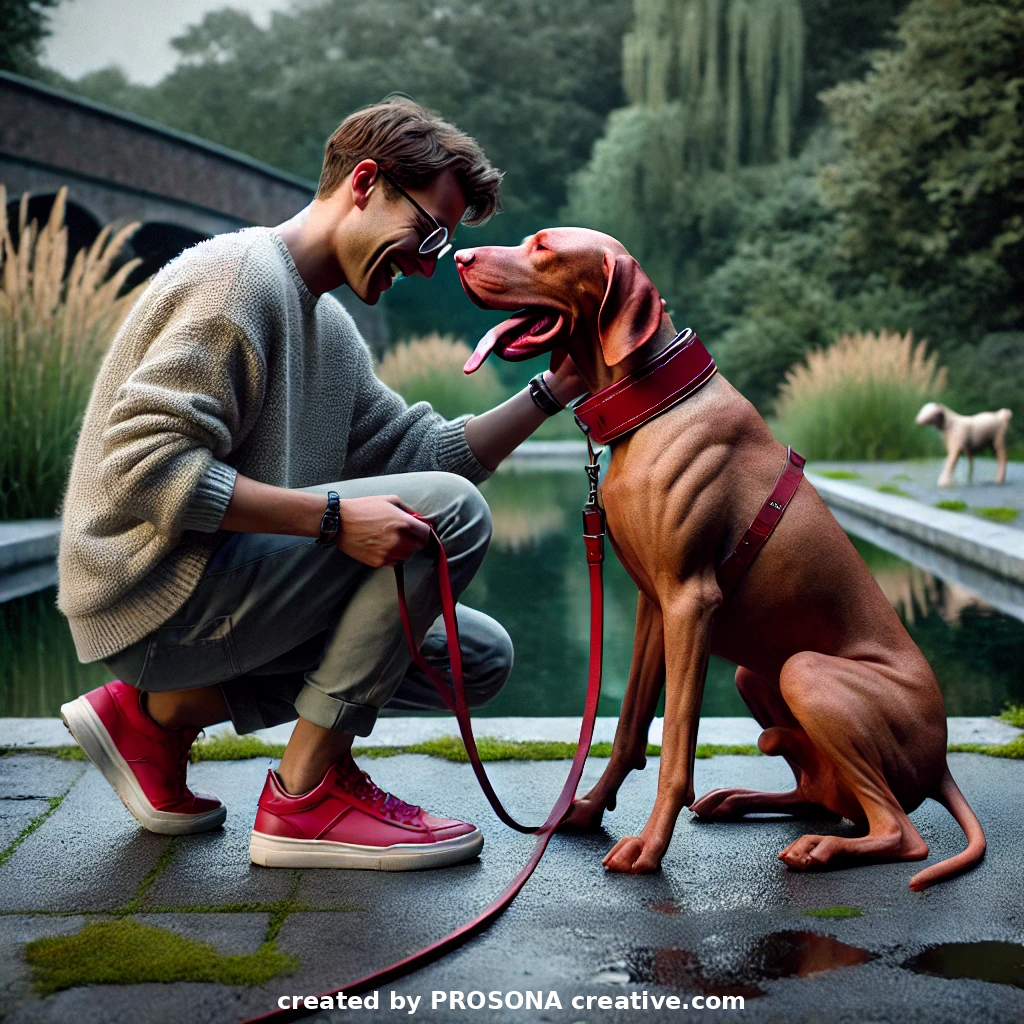 Dog's owner petting their dog in the park - owner is smiling and dog in panting happily. Created for Branding Blueprint journal for www.PROSONAcreative.com